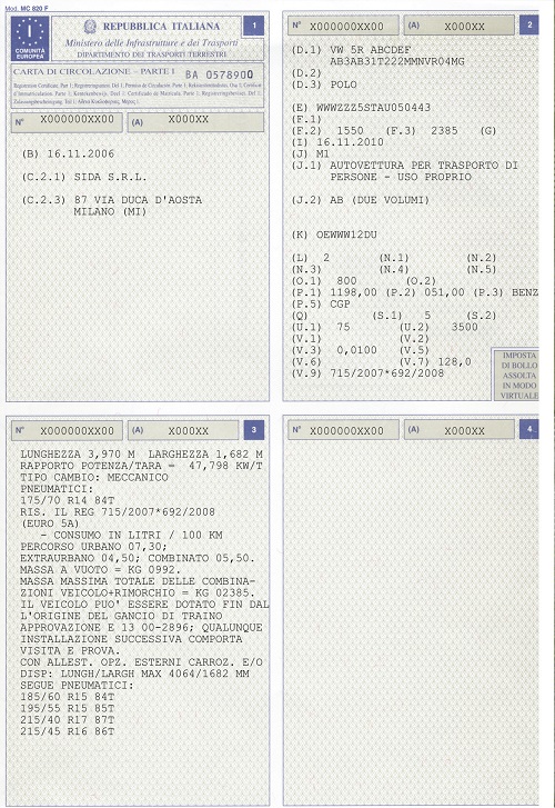 Италиански талон за регистрация на автомобил.
