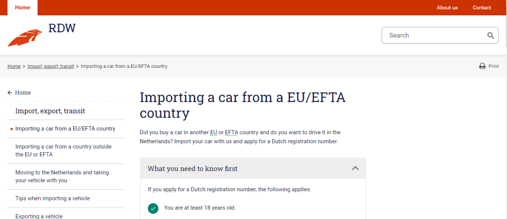 Внос на автомобил от страна членка на Европейския Съюз или трета такава в Холандия.