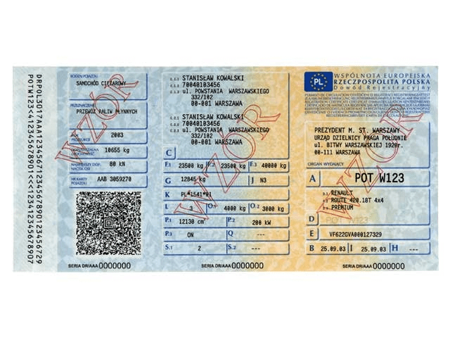 Образец на талон за регистрация в Полша.